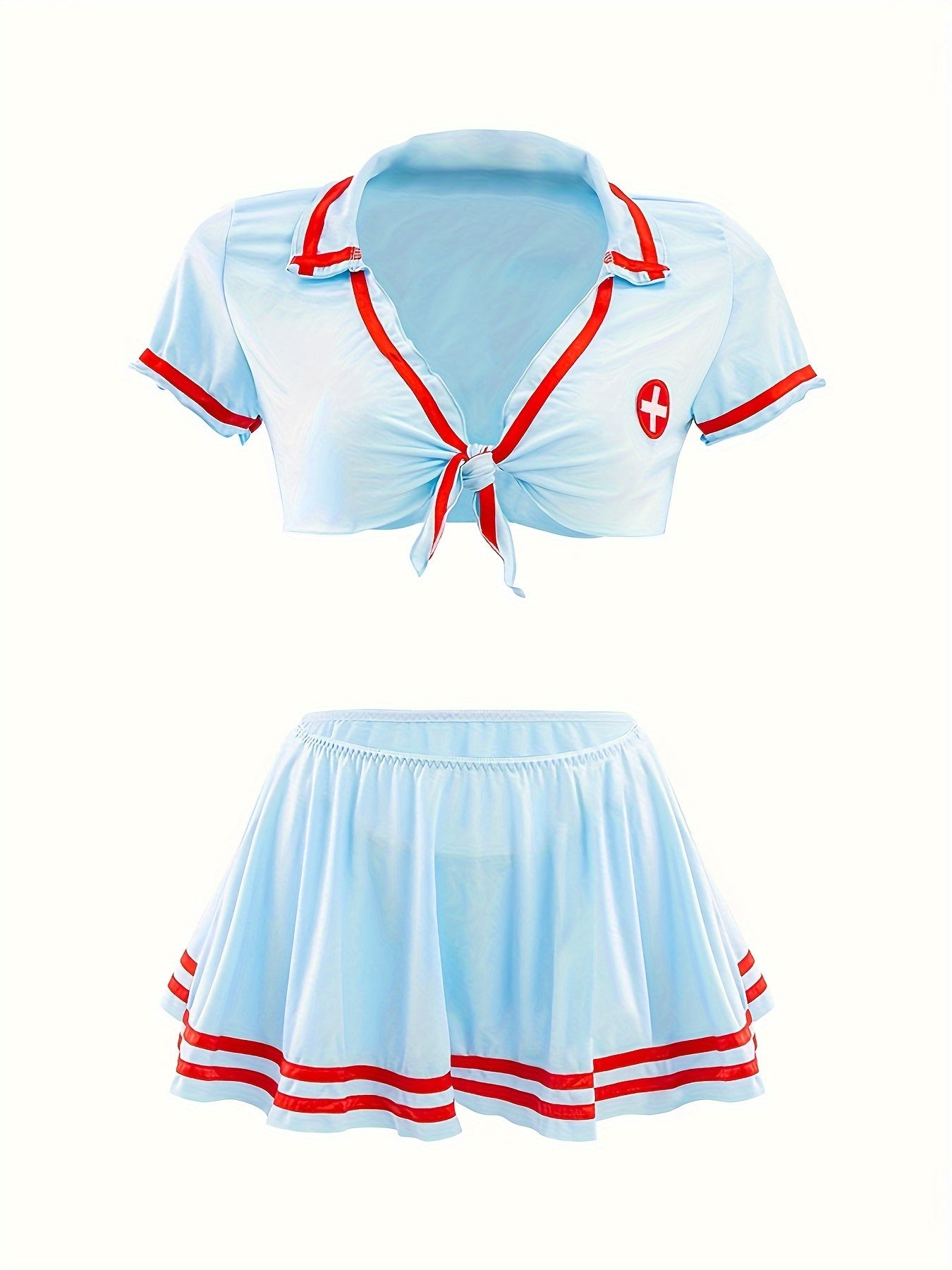 Women's sexy nurse costume with hat, top, underwear, and skirt.