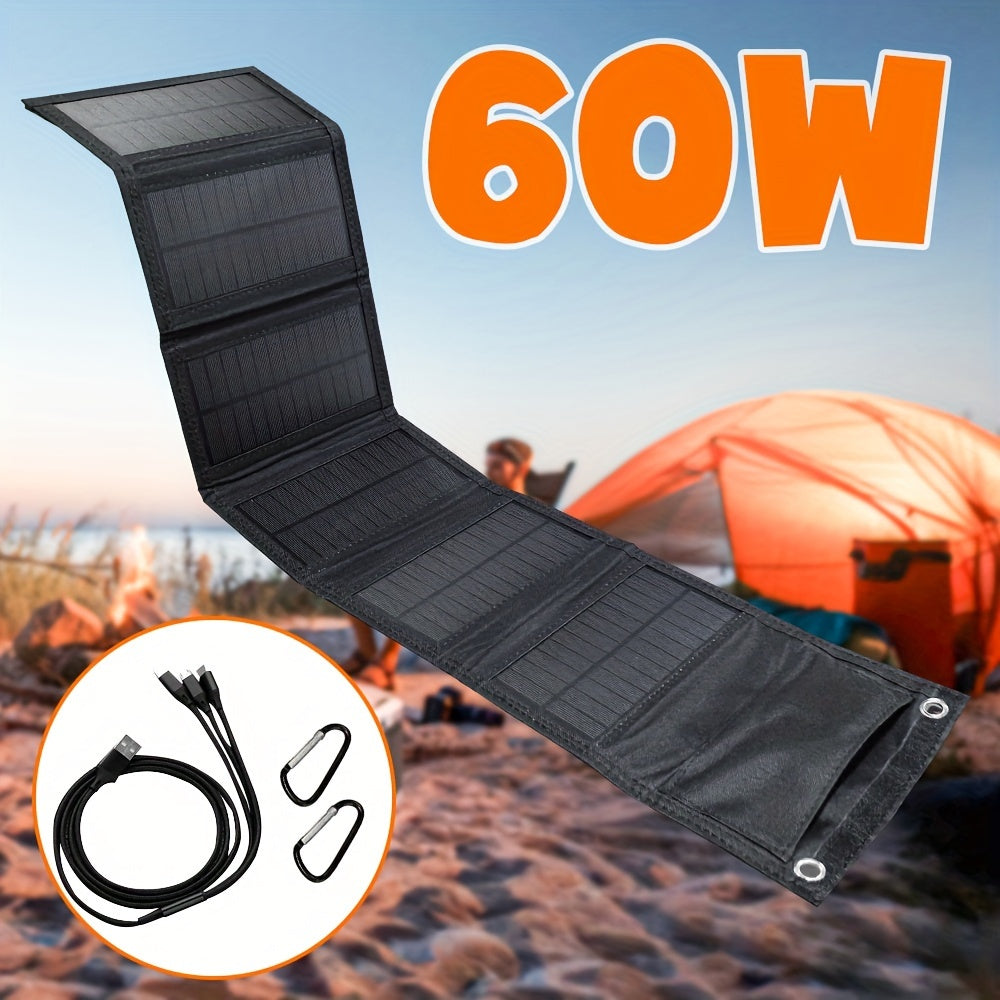 60W Portable Folding Solar Panel Charger with USB for phone charging, with carabiner and cable, from Smaraad Renewable.