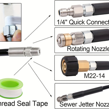 1 to'plam kanalizatsiya jetter to'plami, 5800PSI tozalovchi shlangi va 3 ta 5000PSI nozzle bilan bosim tozalagich uchun drenaj.