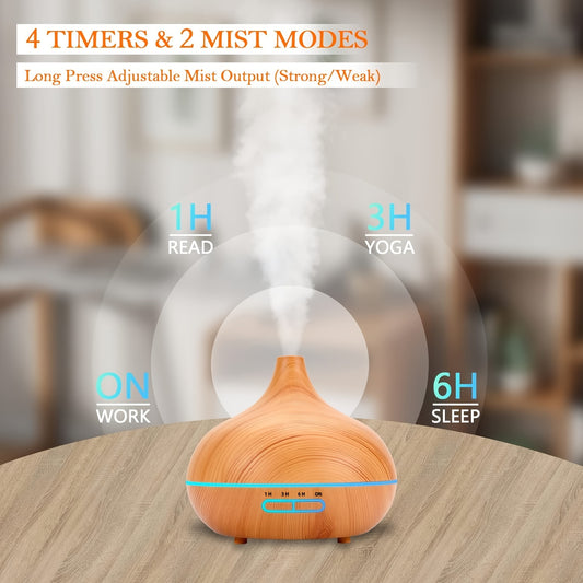 550ml essential oil diffuser with remote control and soundwave technology, auto shut off, 4 timing settings, and 7 LED lights for home or office use.