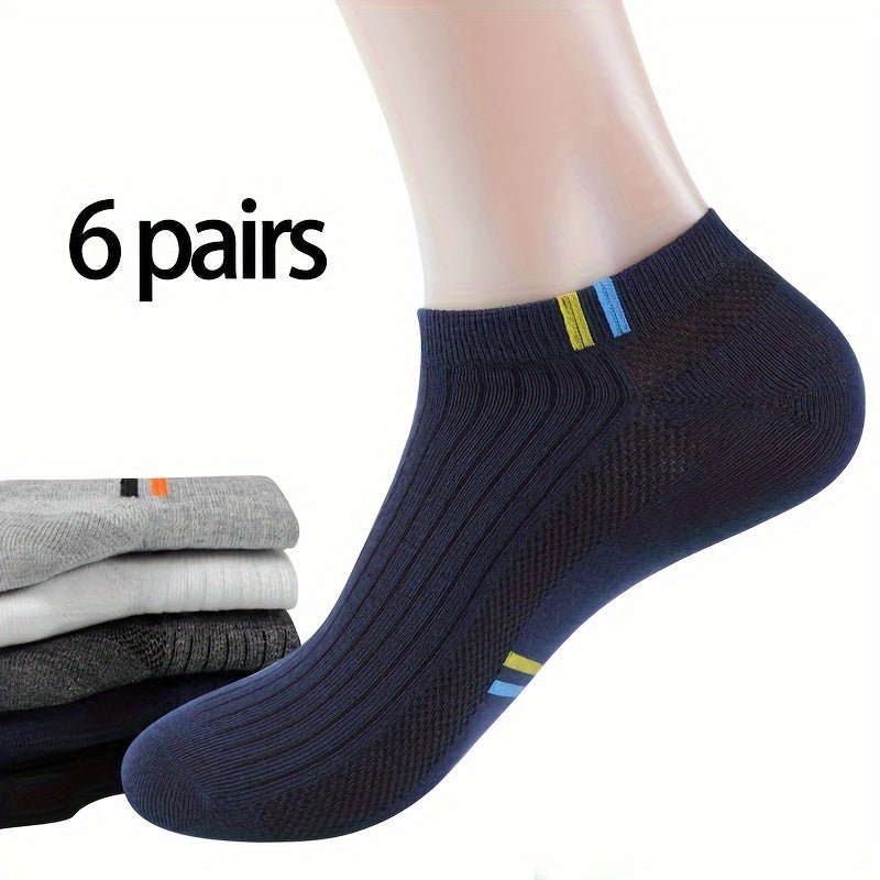 6 pairs of men's low-cut ankle socks made from a lightweight cotton blend with stretch and heel protection for spring/summer comfort.