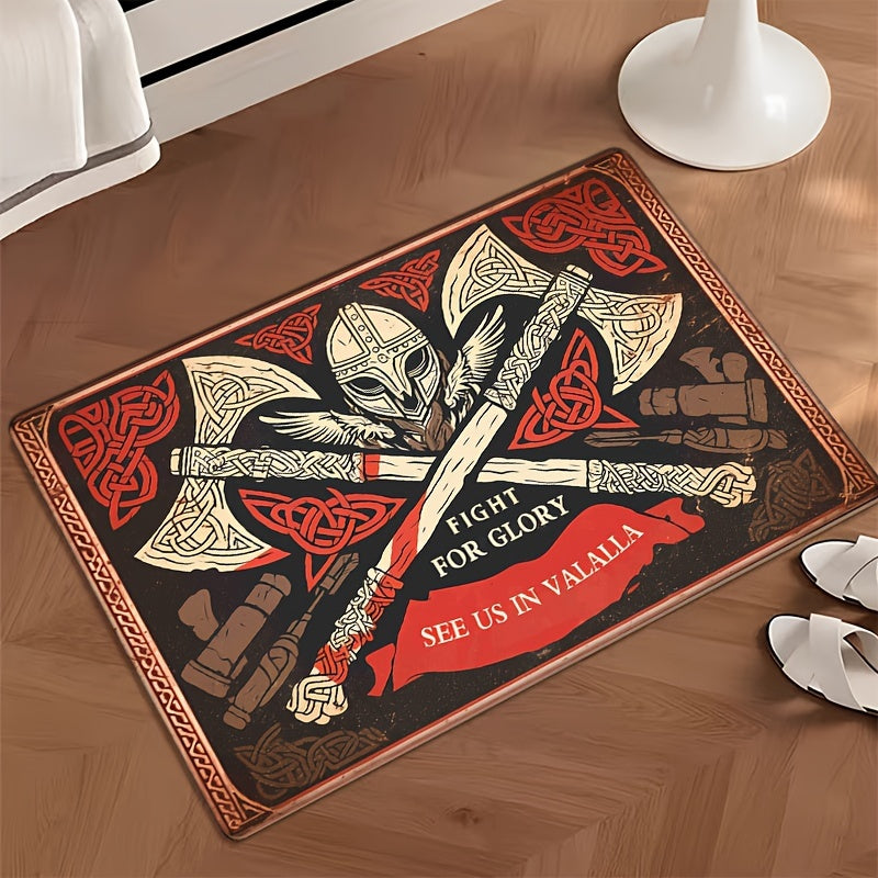 Flannel mat featuring retro Celtic axes print, 1 piece. Made of non-slip polyester material with a thickness of 1.2cm. Machine washable and fade resistant. Low pile design for soft absorption, suitable for bedroom, living room, or entryway decor.