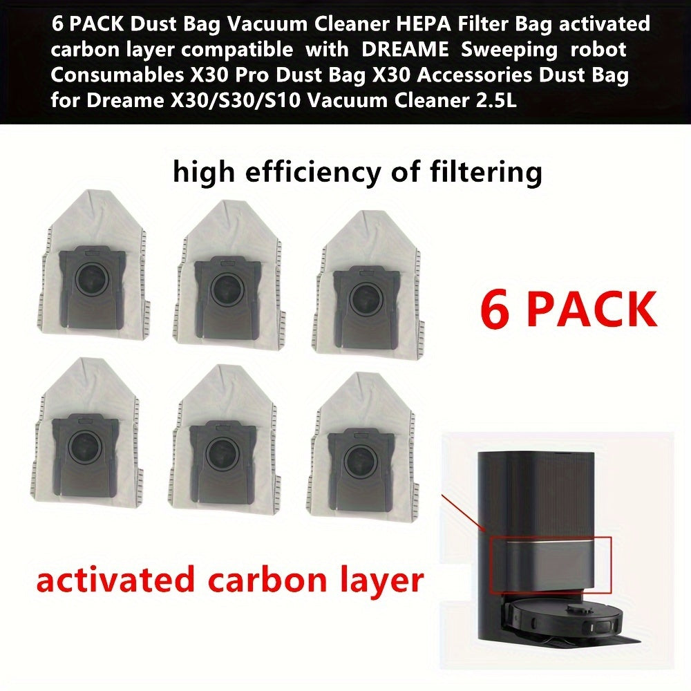 6-Pack of HEPA Filter Dust Bags with Activated Carbon Layer designed for use with DREAME Robot Vacuum Cleaner X30/S30/S10. These Cloth Vacuum Cleaner Bags have a 2.5L capacity and are also compatible with the X30 Pro Model.