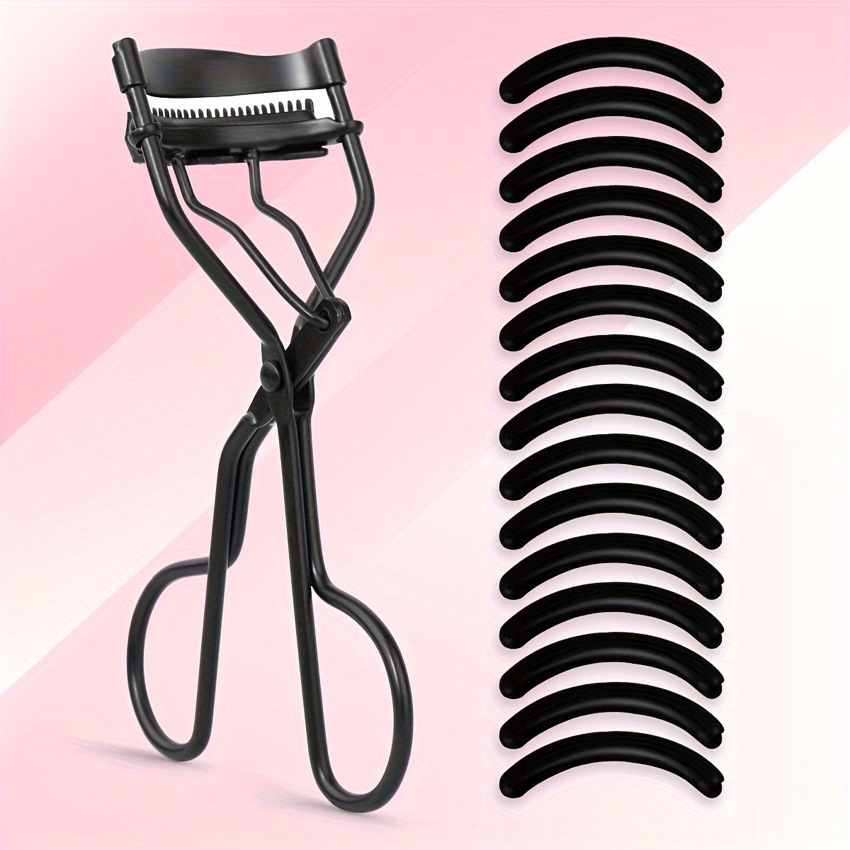 Portable eyelash curler with stainless steel handle, 15 silicone pads for curling and shaping without damaging lashes. Ideal for lifting and creating big, beautiful eyes on women.