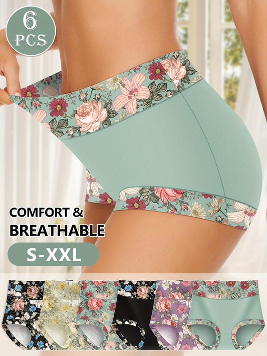 Elegant floral print high-waist briefs for women, made of comfortable polyester blend. Includes 6 assorted colors, hand washable.