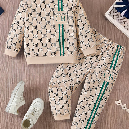 Set of 2 boys' casual crew neck long sleeve T-shirt and pants with alphabet pattern. Made of knit polyester and spandex in a regular fit with medium stretch. Suitable for spring/fall