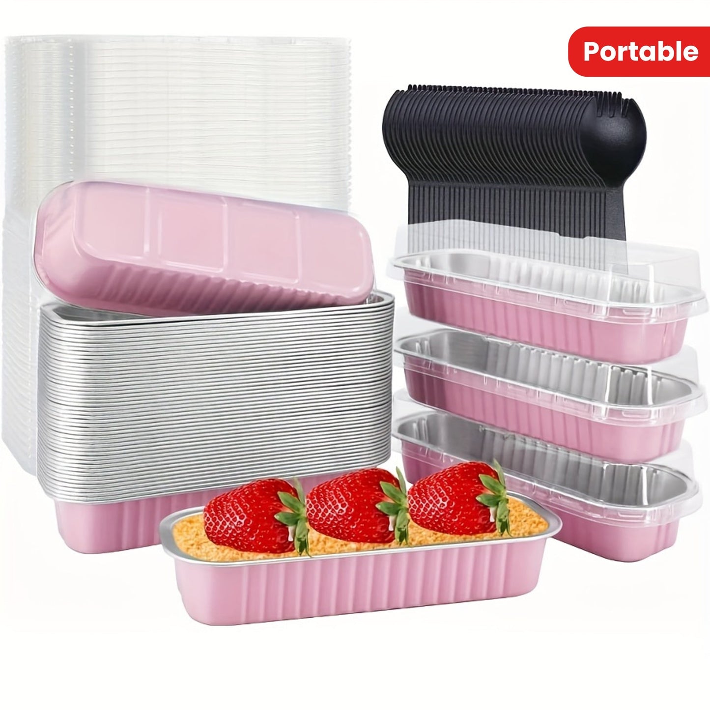 150 pieces of Mini Cake Pans with Lids and Spoons: 6.76 ounces Non-Stick Foil Baking Pans, Reusable Aluminum Foil Loaf Pans, Rectangular Foil Bread Containers, Portable Baking Cupcake Liners for Home Kitchen use.