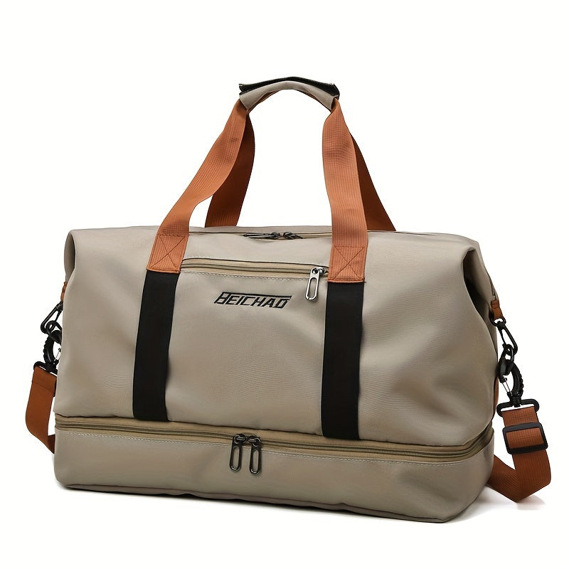 Spacious travel duffel bag with lightweight design, featuring durable zippers. Ideal for yoga, outdoor activities, and training.