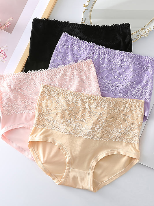 Elegant high-waisted plus-size briefs in a 4-pack featuring nylon and spandex blend with lace detail, solid color, slight stretch, and comfort fit.