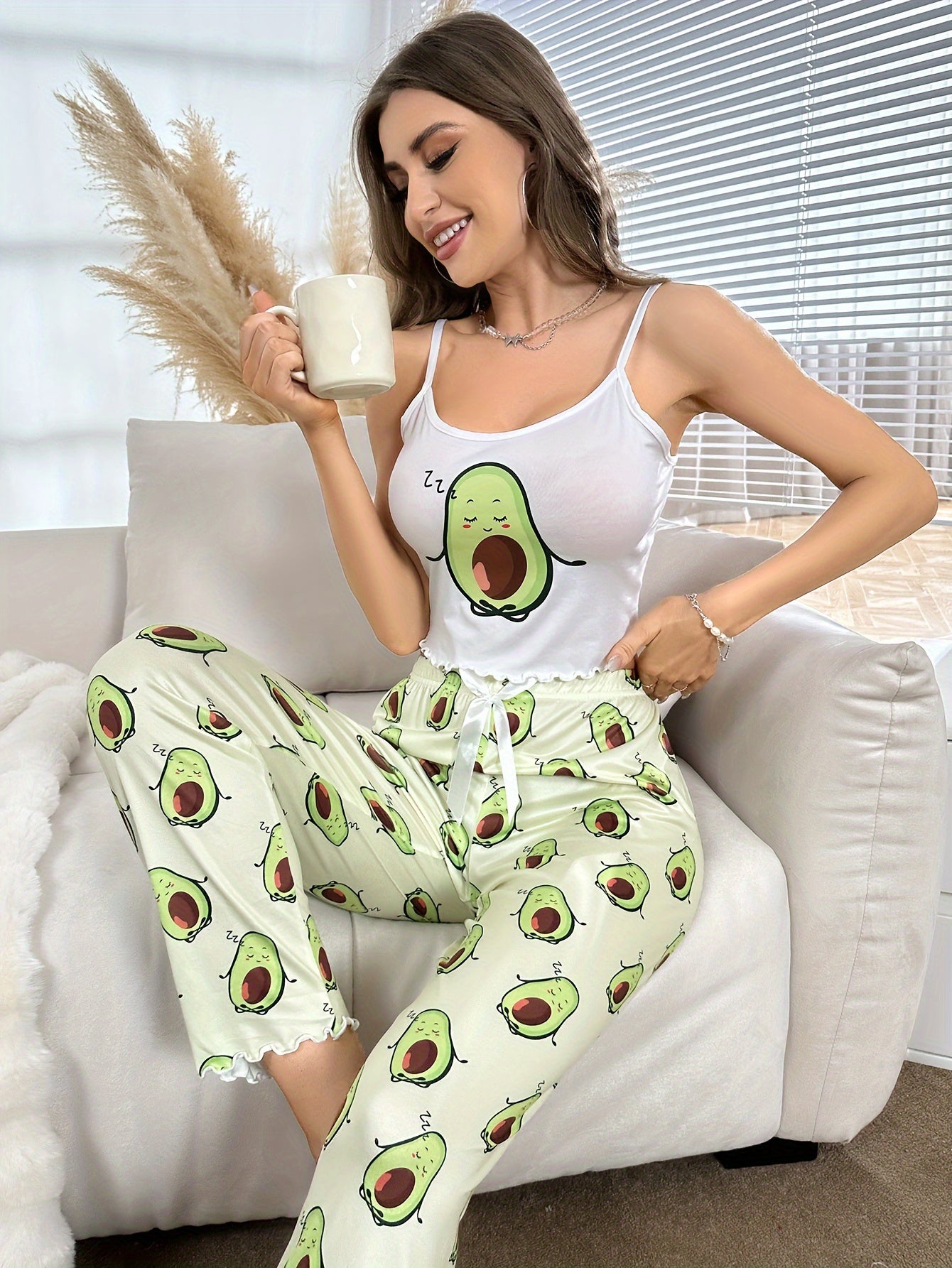 Graphic print lounge set with scoop neck lettuce trim cami top and pants, ideal for women's loungewear and sleepwear.