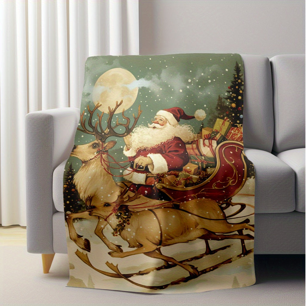 Modern Santa Claus Christmas Design Flannel Throw Blanket - Durable, Suitable for All Seasons, Made of Soft Knitted Polyester, Provides Warmth and Comfort for Home Relaxation, Office Napping, Camping, and Travel - Easy to Clean in the Washing Machine