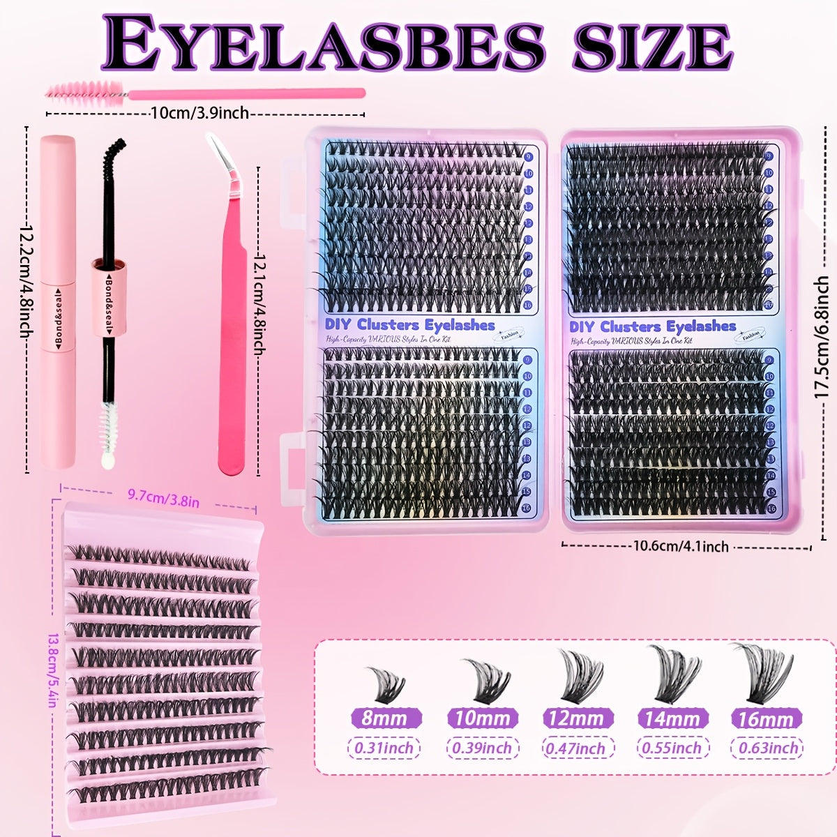 DIY Eyelash Extension Kit with Individual Lashes, Cluster, 9-16mm Mix, for Beginners. Includes Lash Bond, Tweezers. Perfect Gift for New Year.