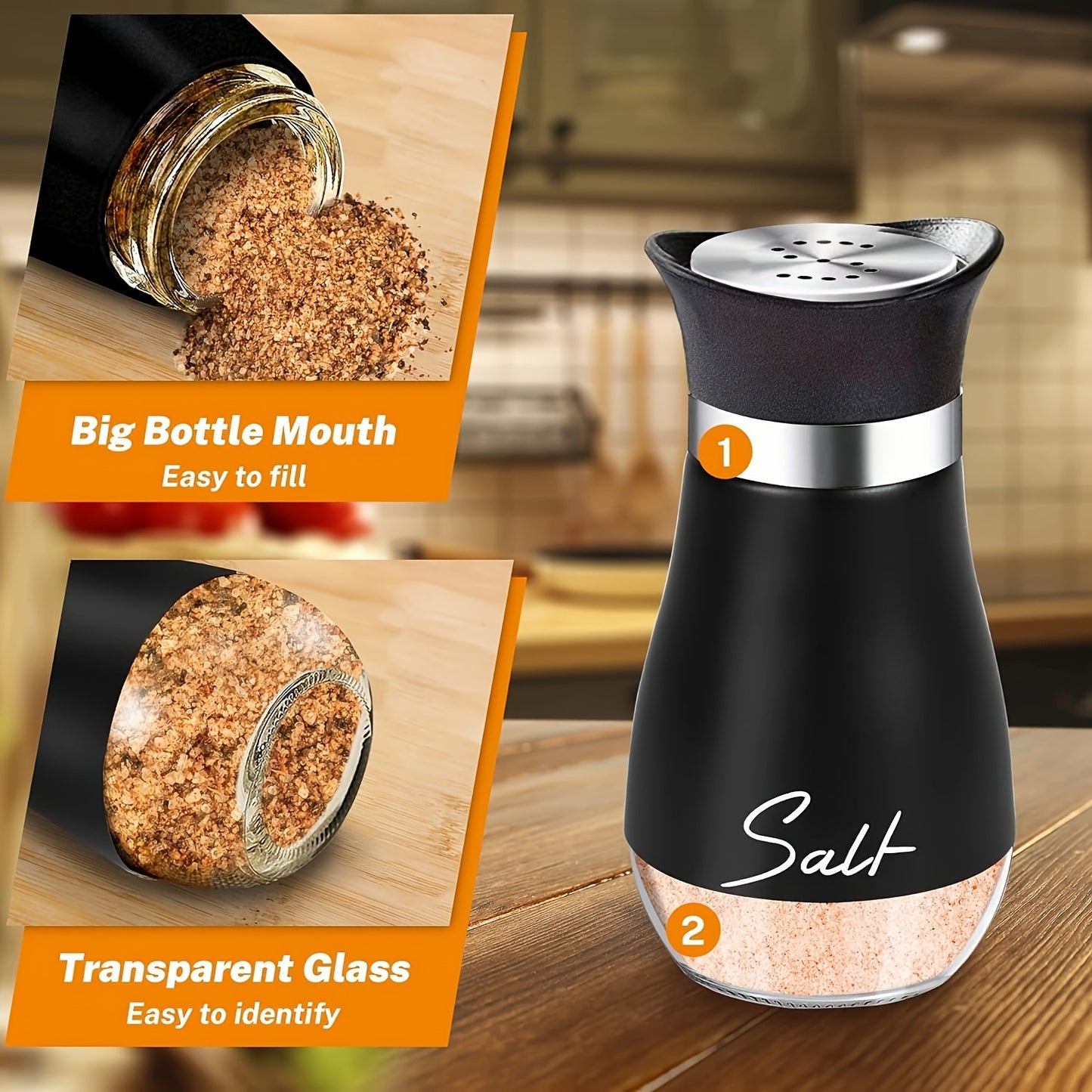 2-piece salt and pepper seasoning bottle set with 4 oz glass jars and stainless steel covers. Perfect for kitchen, dining, RV, camping, and barbecue. Can be refilled. Ideal for kitchen decor and as holiday gifts.