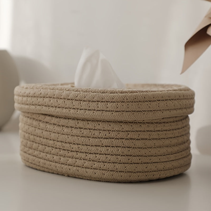 Rustic beige rope-woven tissue box with decorative bow. Ideal for home, car, or commercial use.