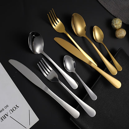 24-piece Golden Stainless Steel Cutlery Set with Metal Stand - Includes Steak Knives, Forks, Spoons - Ideal for Home, Restaurant, Party, Wedding.