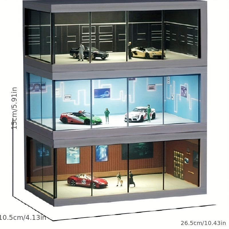 1/64 Scale Transparent Acrylic Car Model Display Case with Dust Cover - Multi-Level Garage Showroom Scene with Lighting Effects, Stackable PVC Storage Box for Collectibles (Brown, Blue