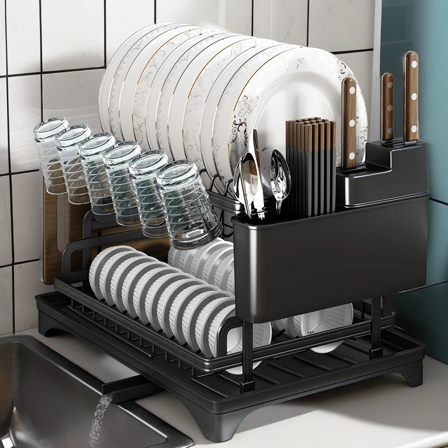 Modern Metal Kitchen Dish Drying Rack featuring Utensil Holder and Drainboard - Versatile Countertop Storage Organizer for Dishes, Knives, and Flatware - No Electricity Needed