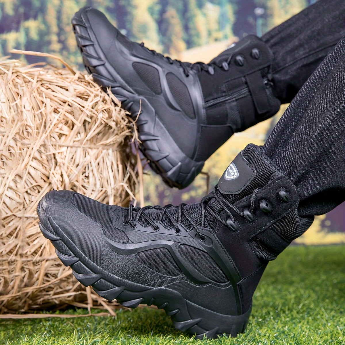 High-top hiking boots for men with durable PU and fabric upper, cushioned EVA insole, and rugged MD sole - perfect for hiking and outdoor activities.