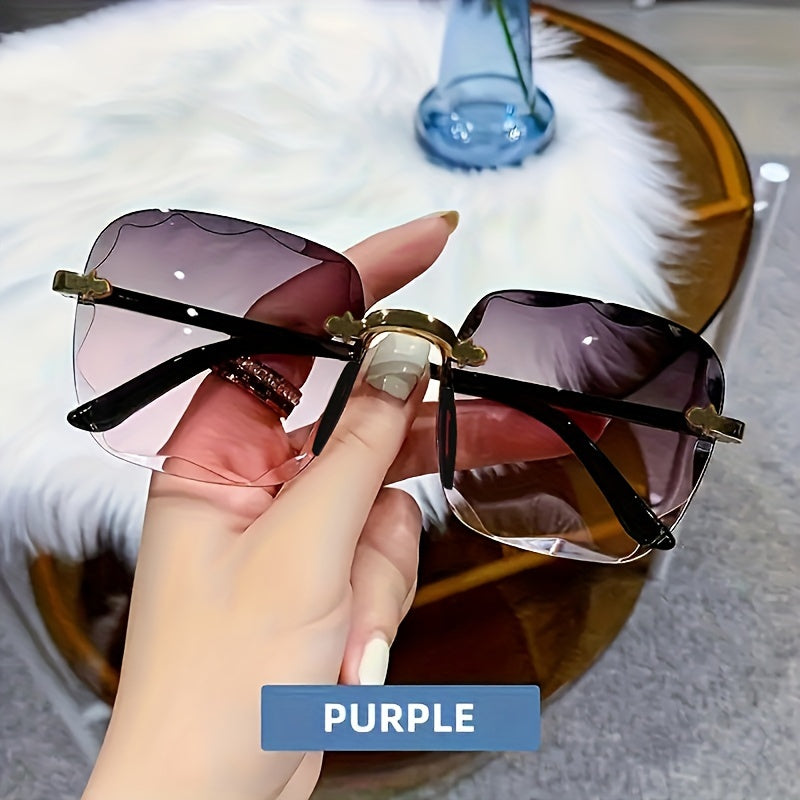 Women's square frameless dress-up glasses with gradient colored lenses and fashionable cut edges.