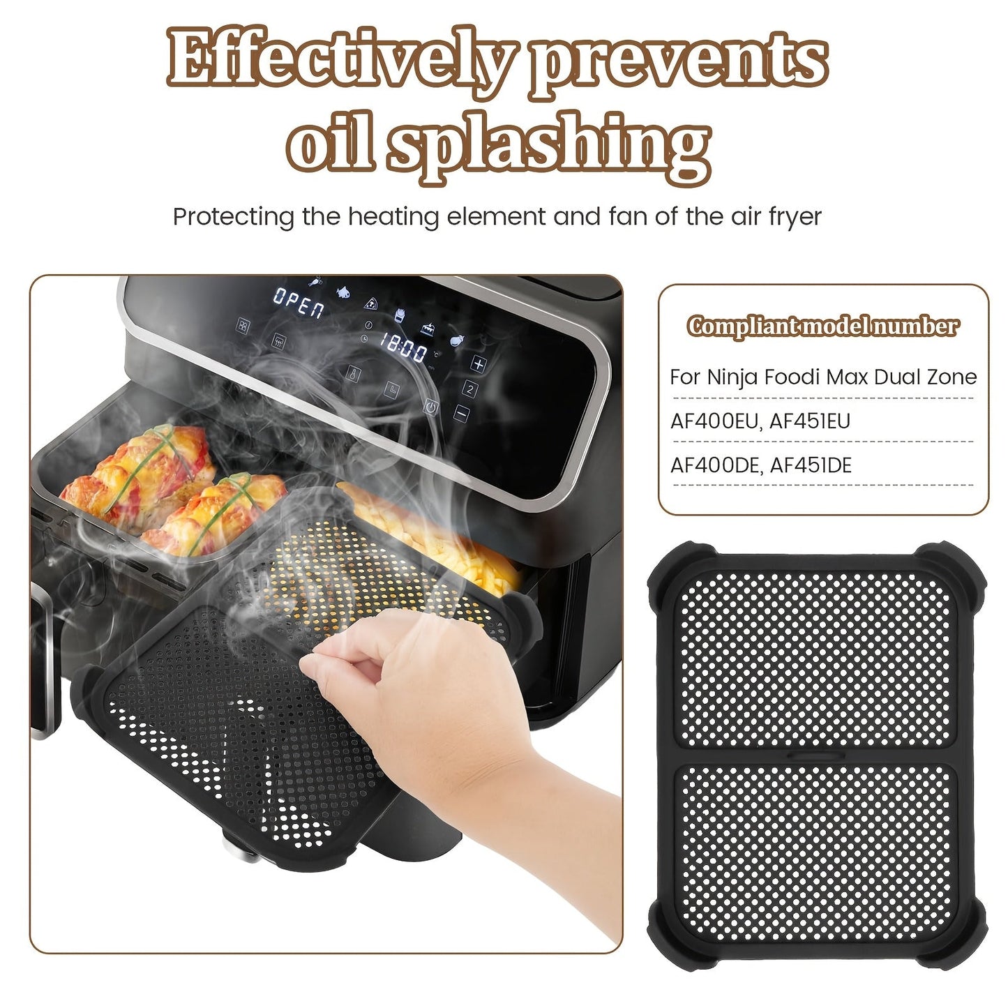 Two pieces of silicone splash guards designed for Ninja Air Fryer models AF400EU, AF451EU, AF400DE, AF451DE. These guards measure 21x16x1.5cm and are heat resistant up to 240℃. They serve as grease splatter shields and are compatible with various air