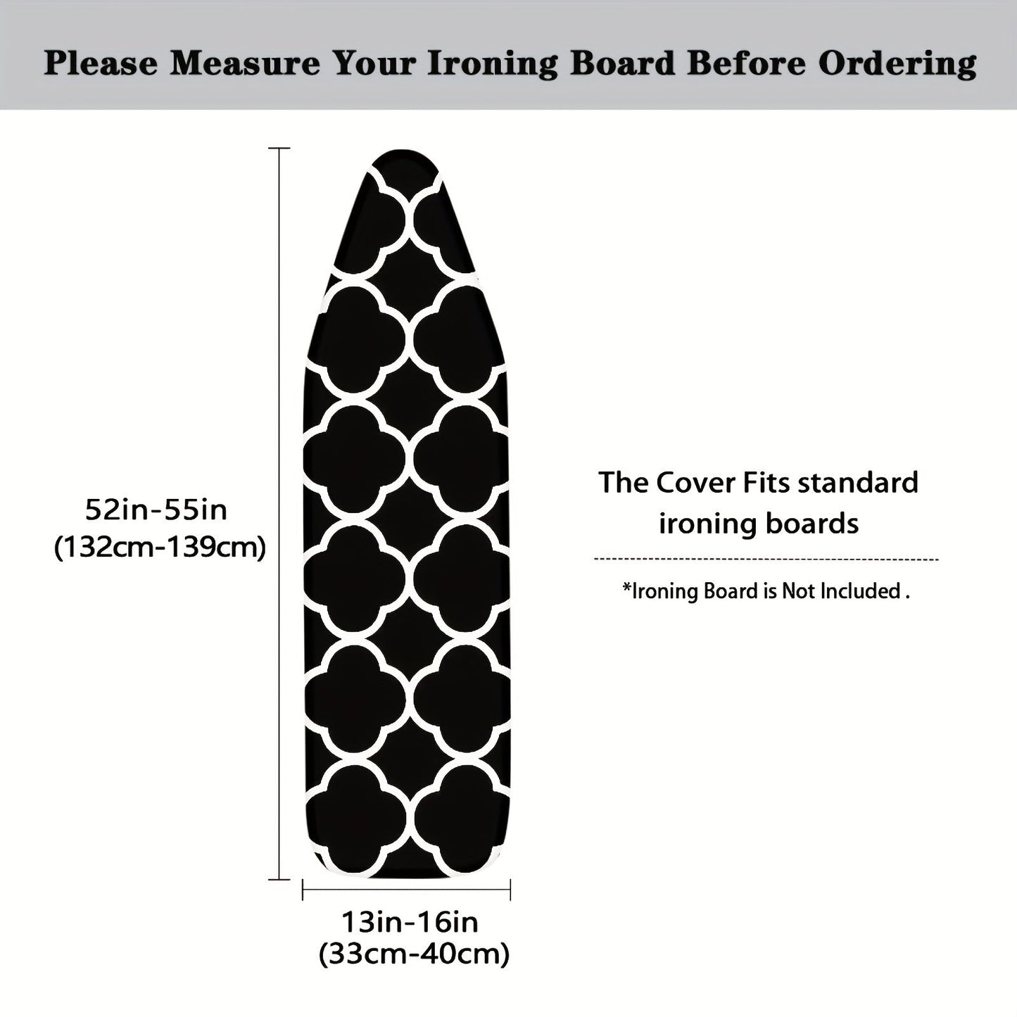 Durable Black & White Moroccan Plaid Ironing Board Cover made with Stretchy Fabric, Elastic Edges, Secure Fastening Strap, and Dust-Proof Protection