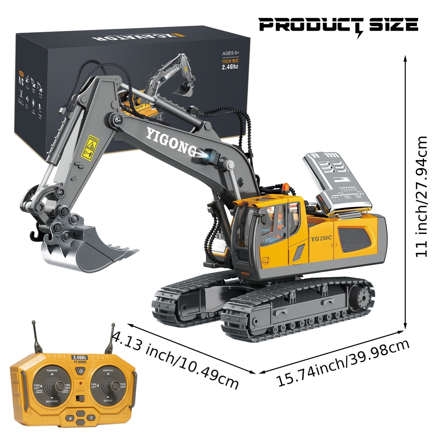 11-channel yellow remote control excavator toy for children aged 6-12. Durable metal construction with sand play capability. Includes rechargeable battery. Perfect outdoor engineering