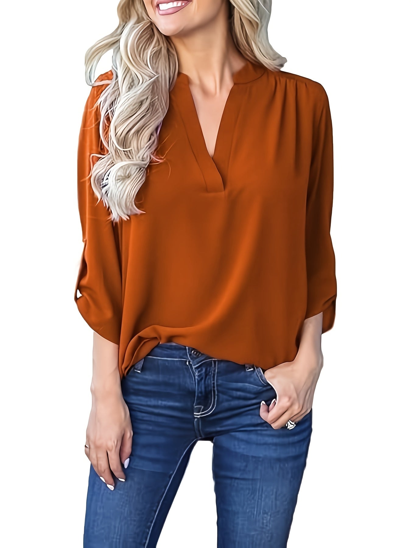 Elegant plus size V-neck blouse with roll-up sleeves in a solid color, machine washable, perfect for casual outings.