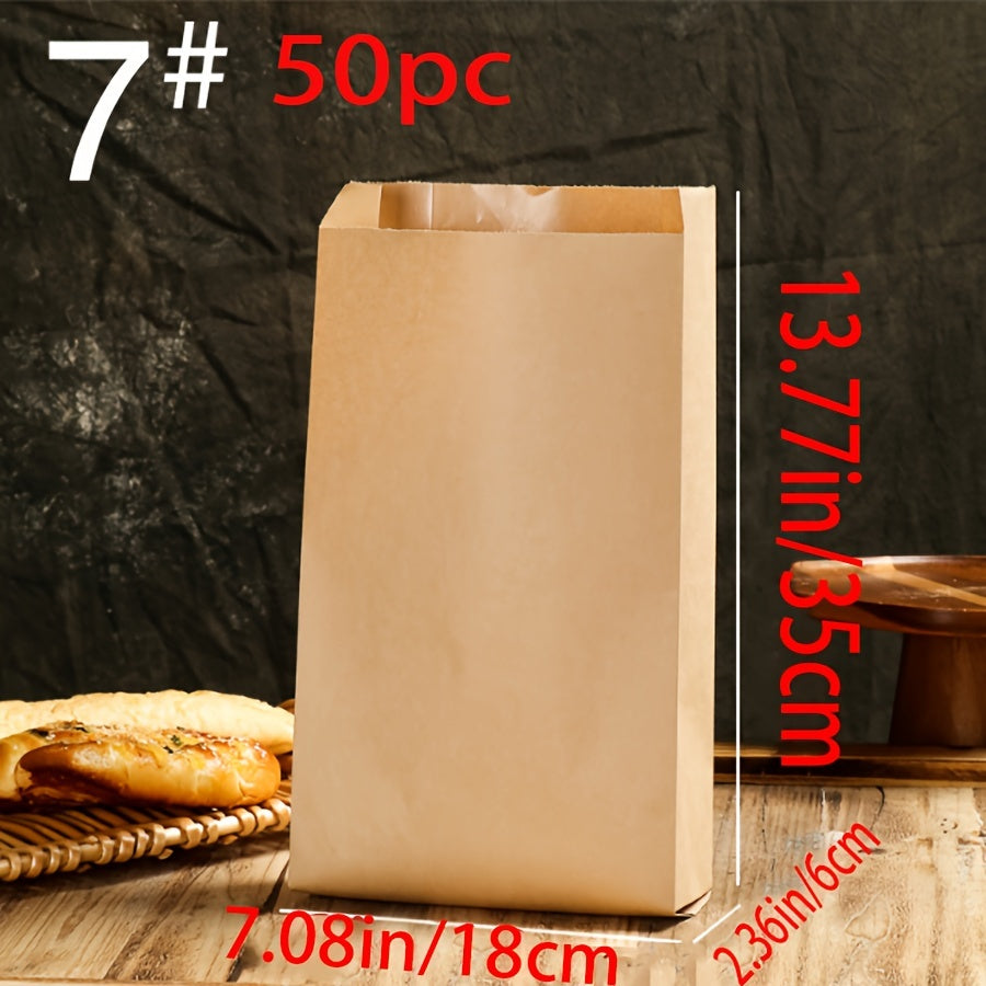 50-count of disposable brown kraft paper bags with fold-top design, perfect for packaging food and vegetables, candy, lunch items, bakery goods such as cookies and bread, and fruits at grocery stores or fruit markets.