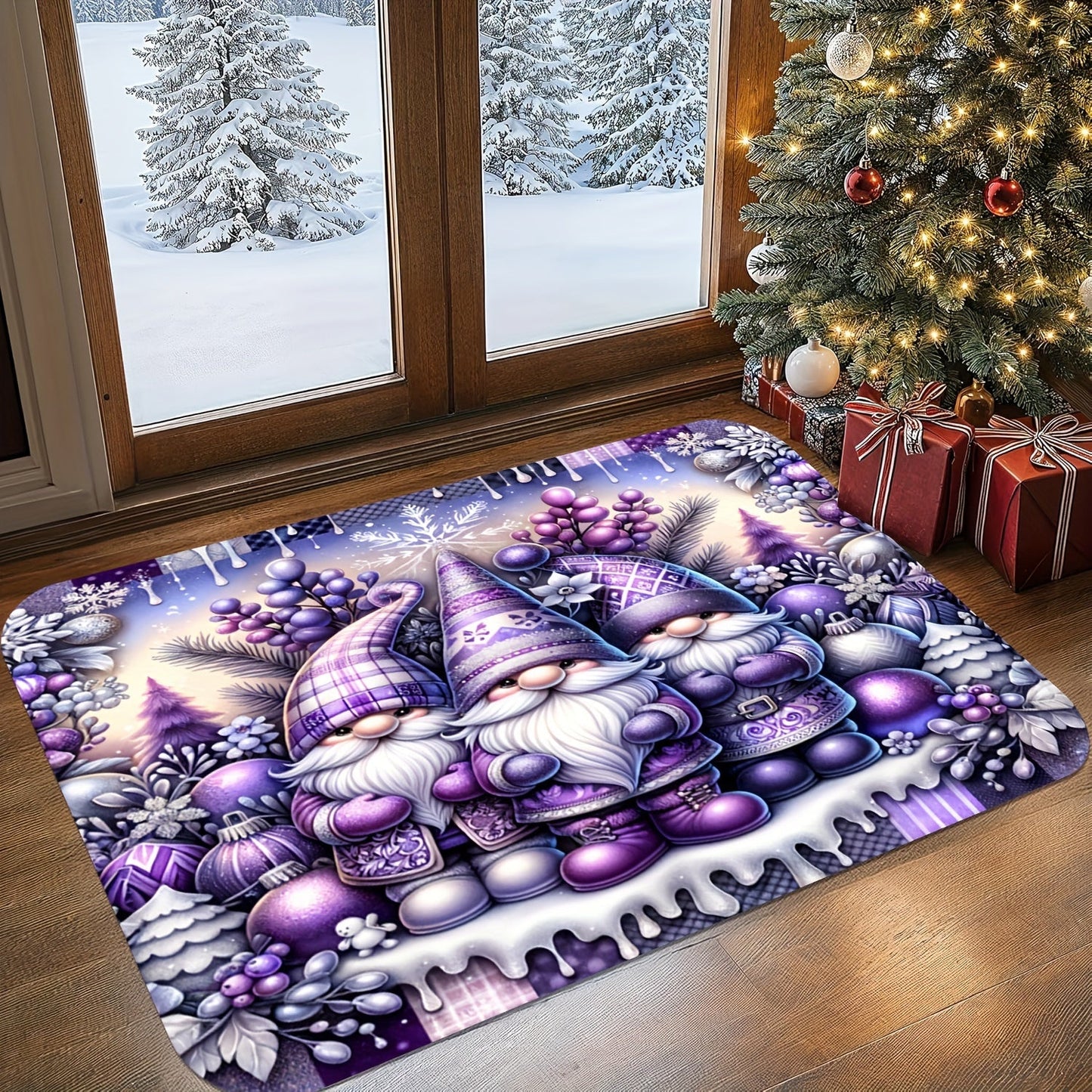 Christmas Gnome and Bell Tree Design Purple Welcome Mat - Non-Slip, Easy to Clean, Stain-Resistant, Machine Washable - Thick Flannel Anti-Slip Memory Foam Doormat (1pc, 1.19cm) - Perfect for Bathroom, Living Room, Bedroom, Kitchen, Office - Festive