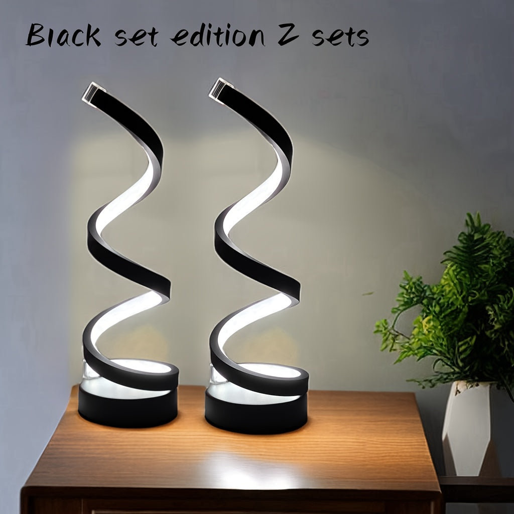 Modern spiral table lamp with adjustable lighting, USB power, ideal for bedroom, study, living room, or gifting.