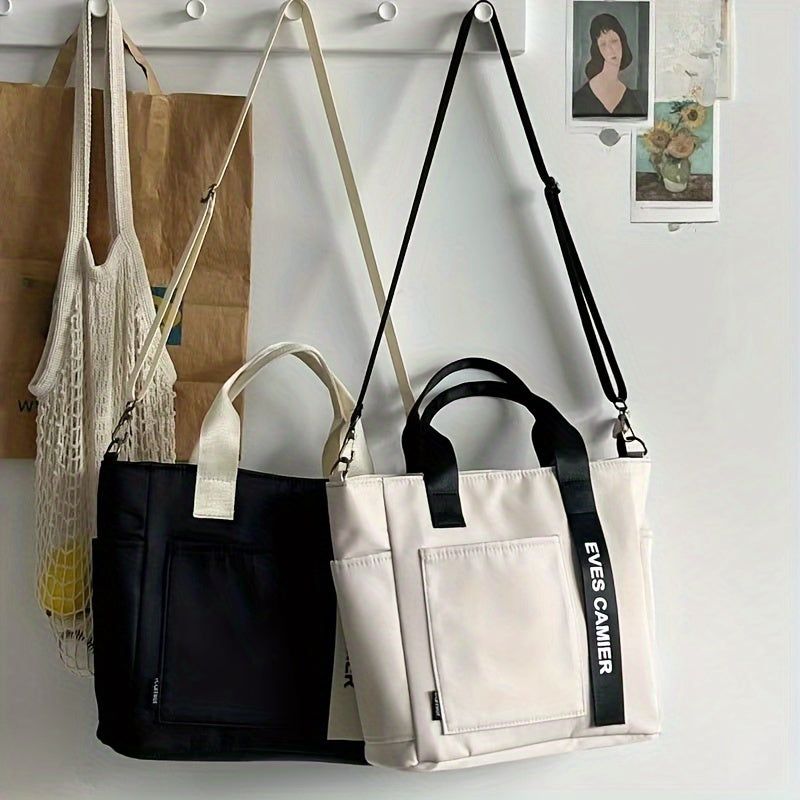 Versatile tote bag with multiple pockets, crossbody strap for travel and work, adjustable for school and everyday use.