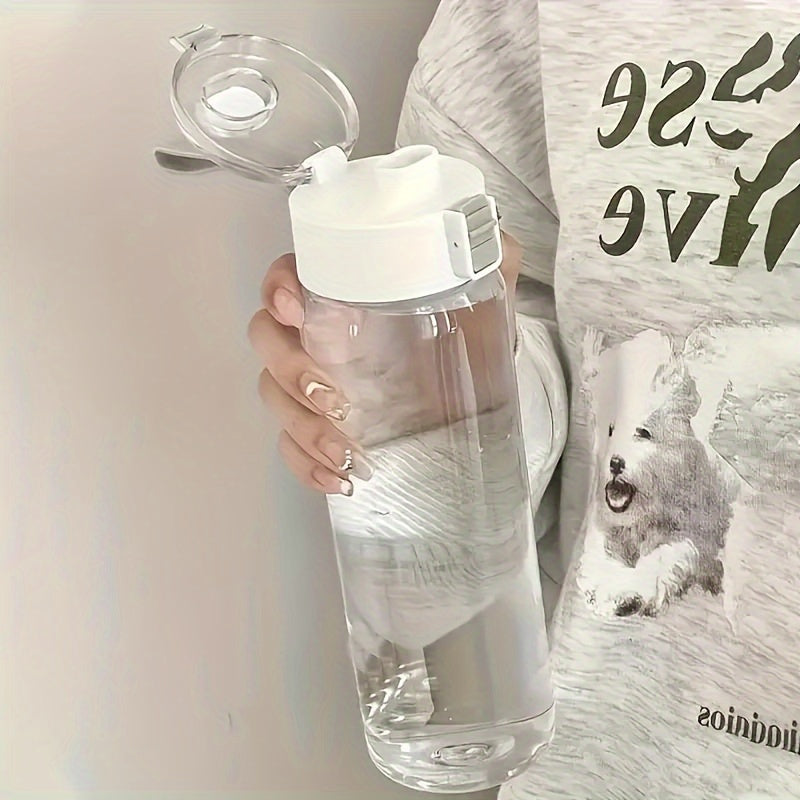 1 white sports water bottle with handle, tea strainer, and wide mouth. Available in 14oz, 20oz, or 27oz. Made of reusable plastic. Perfect for outdoor sports, biking, daily use, and as a gift for Valentine's Day or Ramadan.