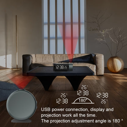 Digital smart projection clock with USB connection, dual alarms, sleepy function, time and temperature projection, and 4 brightness levels.