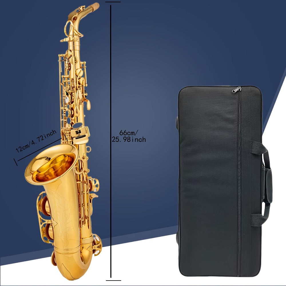 Classic style alto saxophone in E-flat with brass construction and polished finish, includes case and maintenance kit.