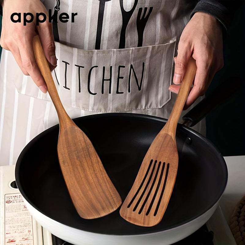 Acacia Wood Spatula Set by Appker - Non-Stick, Food-Safe Kitchen Tools for Cooking, Mixing, Frying, and Flipping - Includes Durable Slotted Turner and Flat Spatula for Fish, Eggs, and More