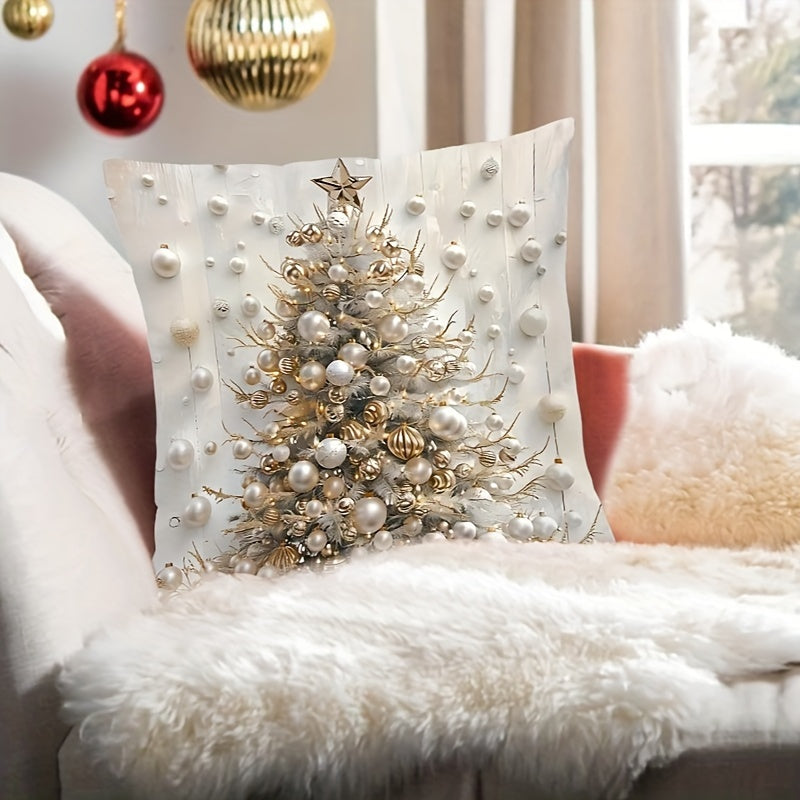 Deluxe Christmas Tree Pillow Cover, 1pc; 44.96x44.96cm; Contemporary Style; Double-Sided Printing; Reversible; Zipper Closure; Machine Washable; Polyester; For Sofa and Living Room Décor.