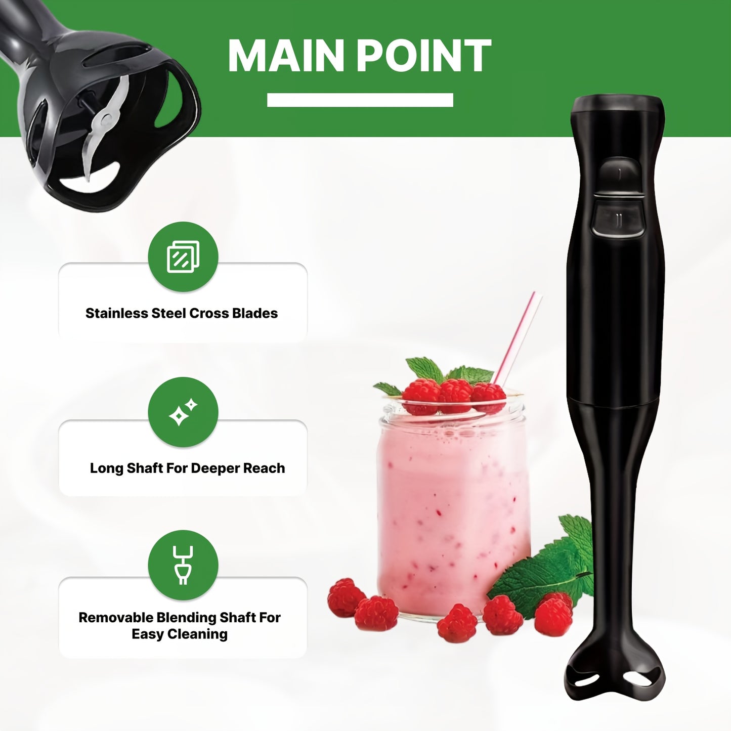 Black WANT Electric Handheld Blender - 2-Speed Immersion Mixer & Chopper with Ice Crushing. Easy one-hand operation, detachable stick for simple cleaning. Ideal for smoothies, shakes