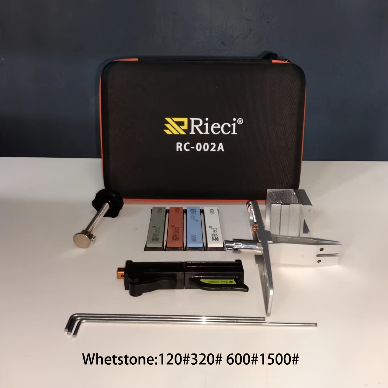 The Ricie RC-002A Professional Knife Sharpener Set features three diamond whetstones (240/800/2000#) for adjustable angles, making it a manual kitchen knife sharpening system. No electricity is needed thanks to its metal construction.