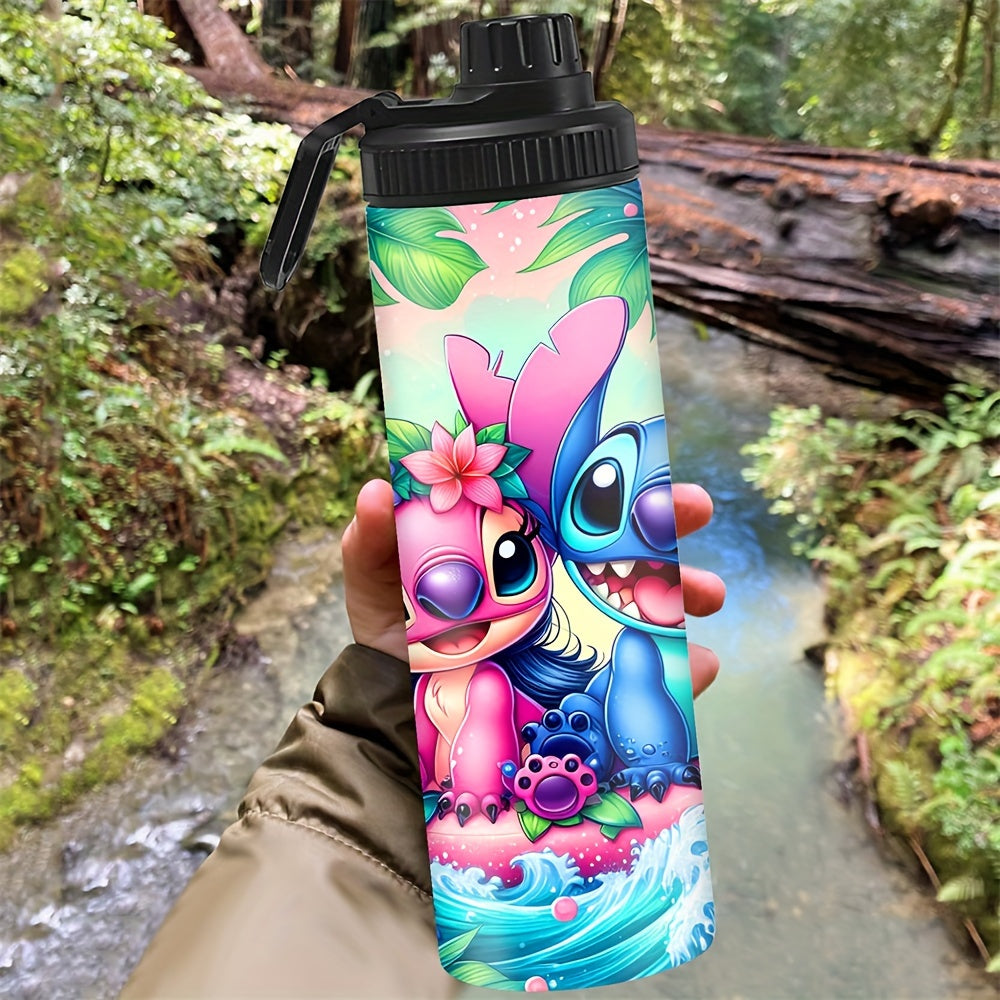 1pc 20oz Stainless Steel Water Container featuring Stitch and Angel cartoon characters, insulated for hot/cold beverages, perfect for outdoor travel, a great Christmas or Birthday gift, with lockable lid and BPS-Free.