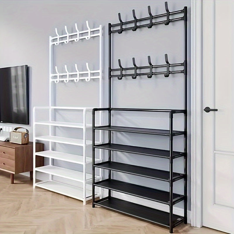 Metal entryway storage rack with shoe shelves, tier organizer, removable hooks, coat and hat stand for front door entry, for clothing, shoes, hats, bags, and umbrellas - in white and black.