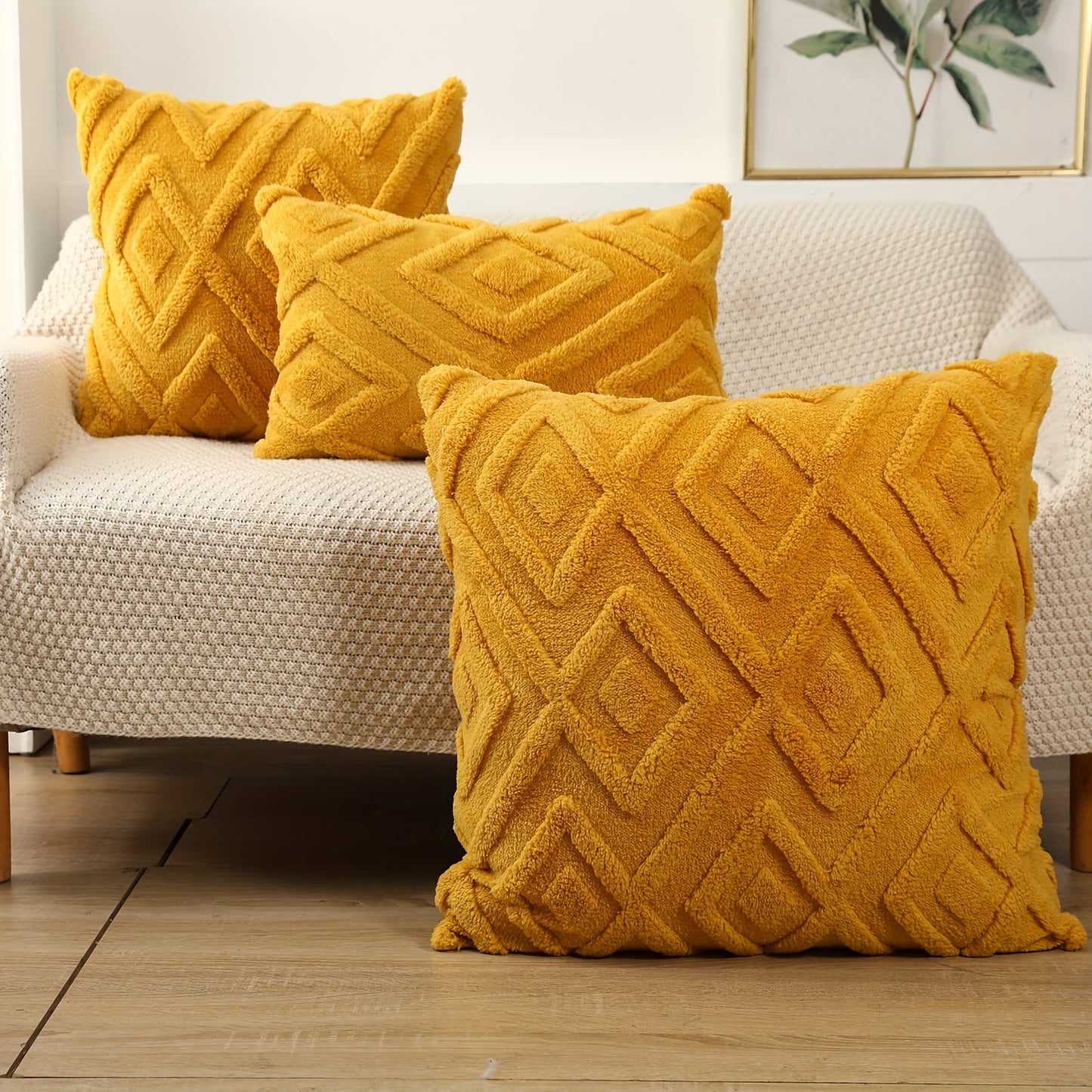 Bohemian style faux fur pillow cover in yellow, soft and luxurious for sofa, couch, living room, bedroom, car. Pillow insert not included.