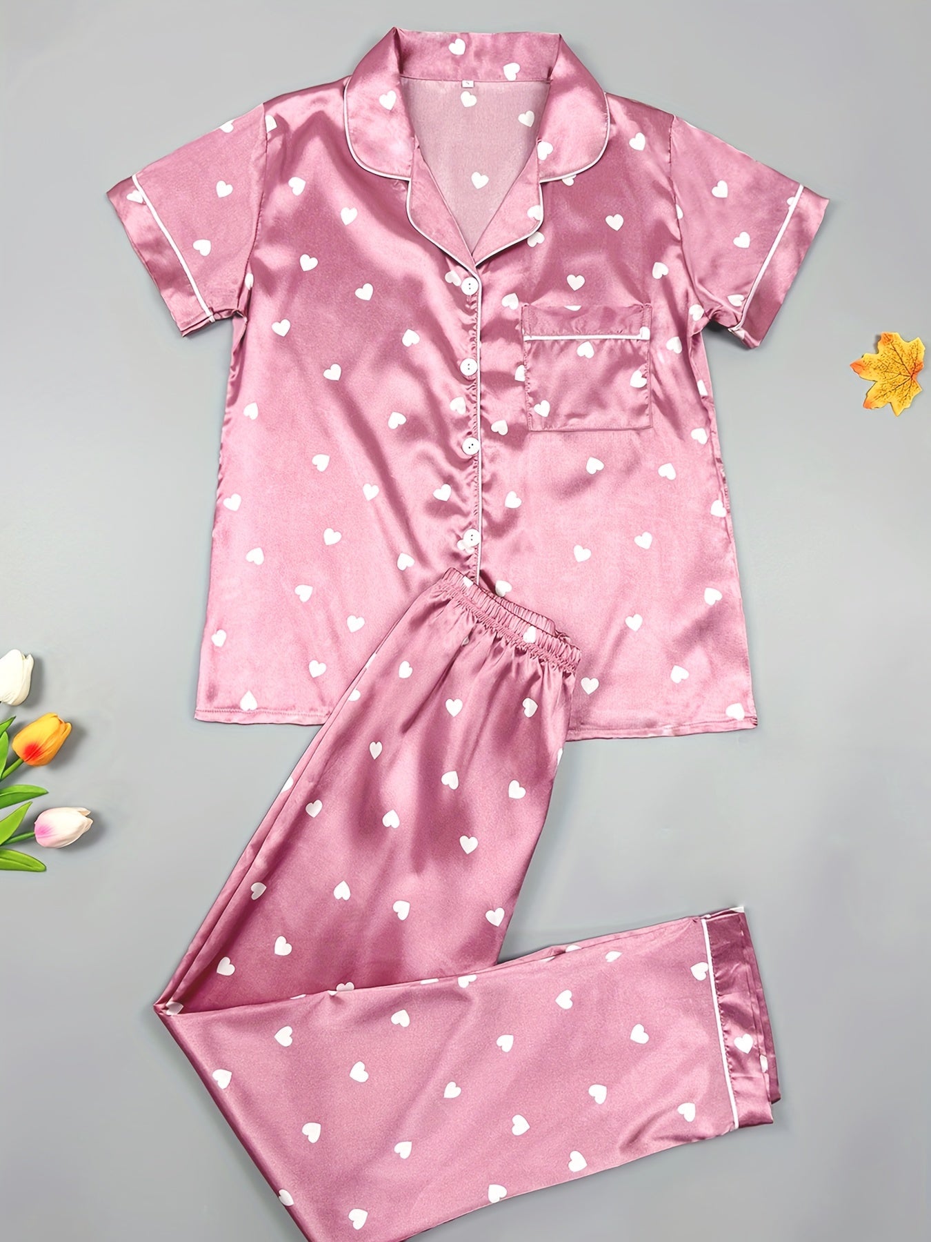 Women's Heart Print Pajama Set with Short Sleeve Top and Elastic Waistband Pants