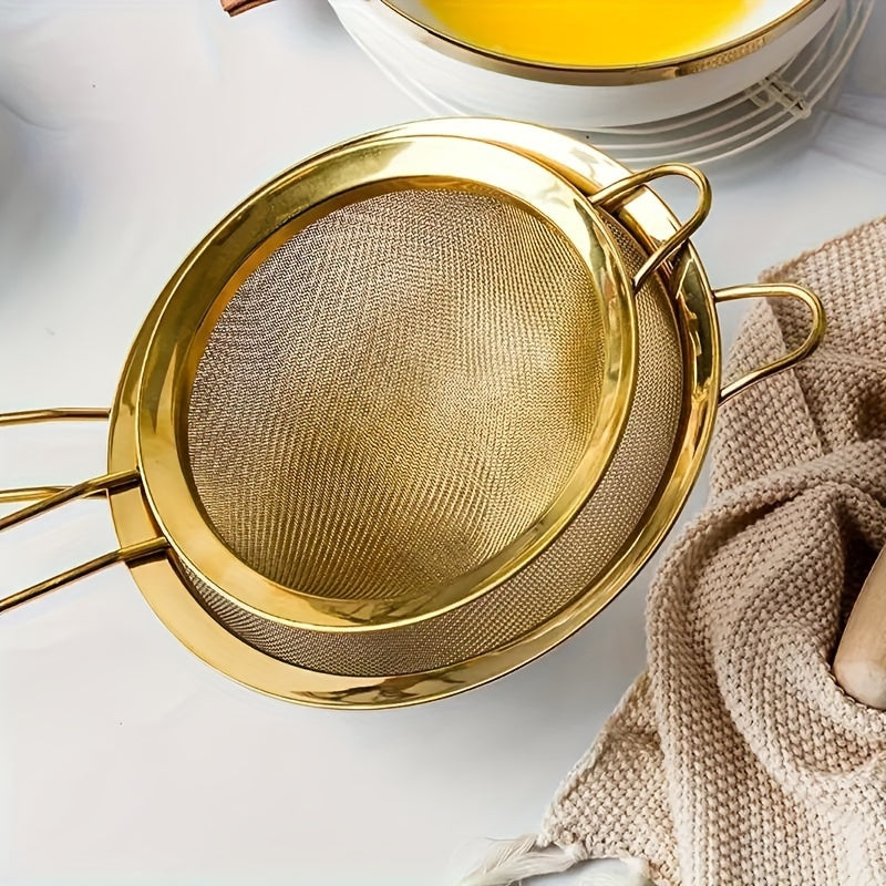 3-piece golden stainless steel strainer set for baking and cooking, perfect for home and restaurant use.