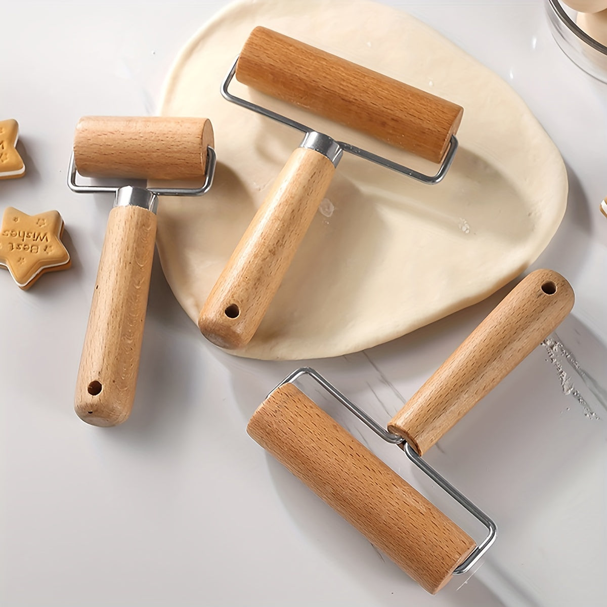 Wooden Rolling Pin with Stainless Steel T-Shaped Dough Roller - Effort-Saving Kitchen Baking Tool for Dumpling Wrappers and Baozi Skin