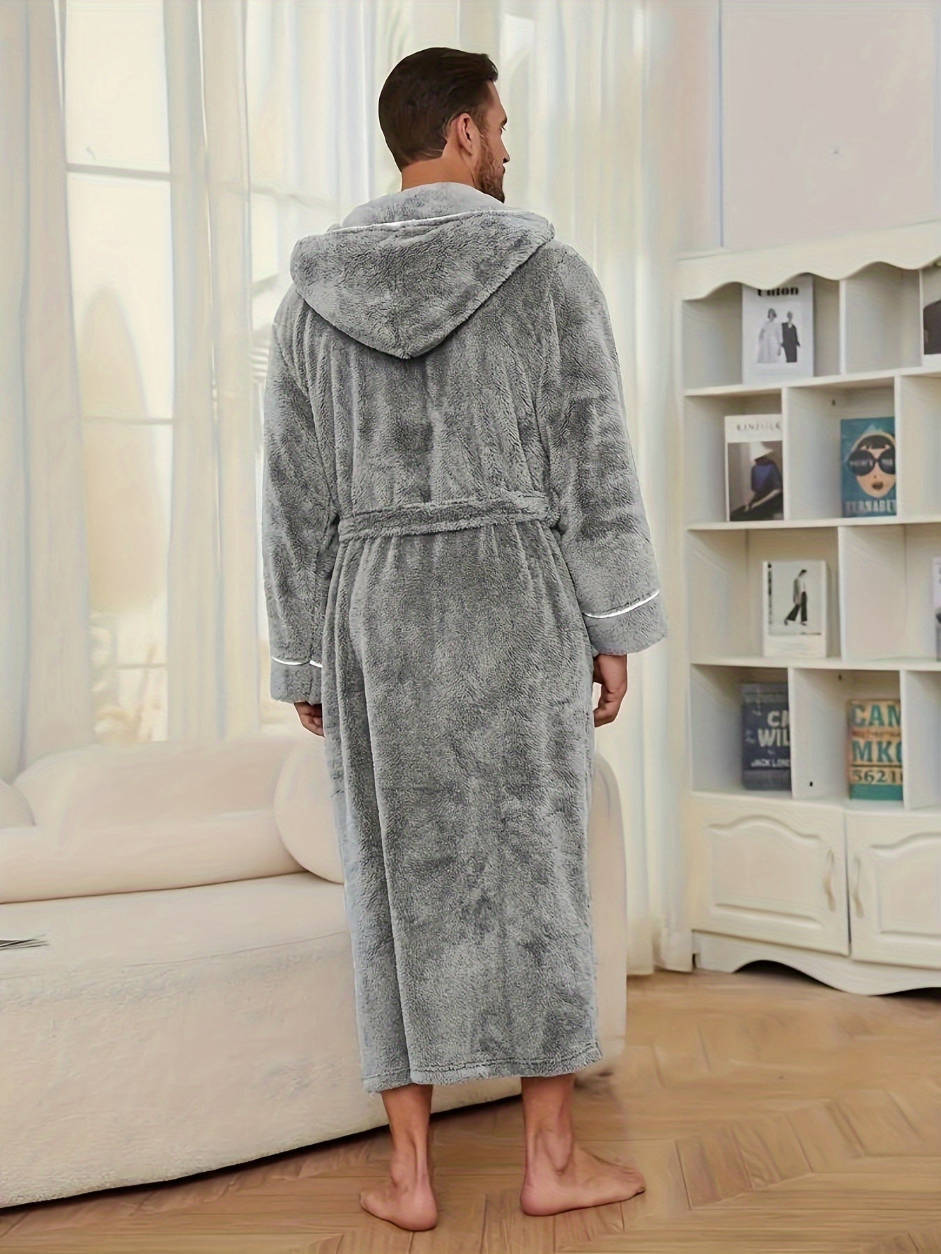 Soft and comfortable black fleece bathrobe with color-block design for men, featuring a hood, long sleeves, and belt detail. Suitable for home and hotel use, machine washable.