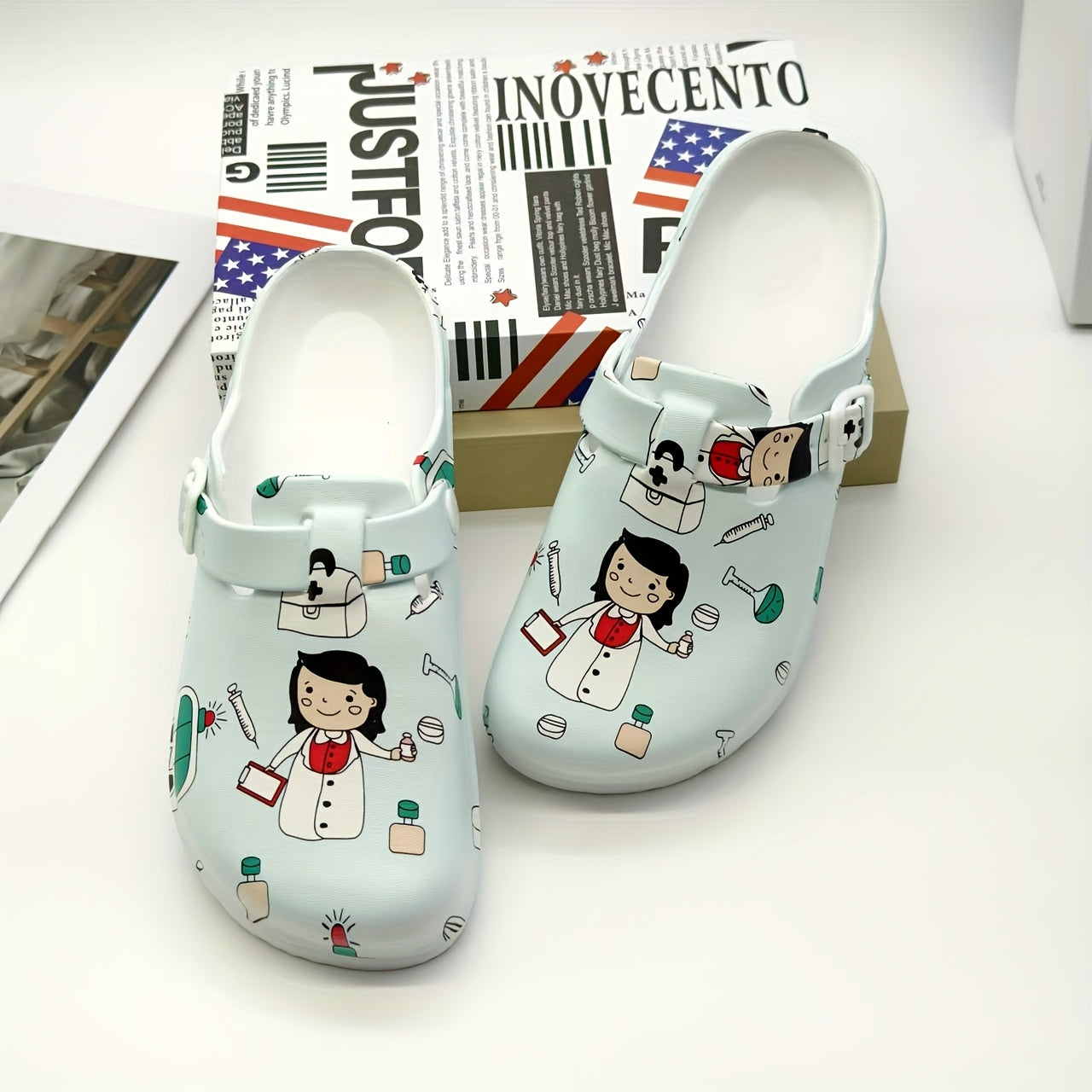 Stylish nurse clogs with durable, non-slip sole. Comfortable slip-on design with toe strap. Perfect for work or casual wear. Made with EVA material.