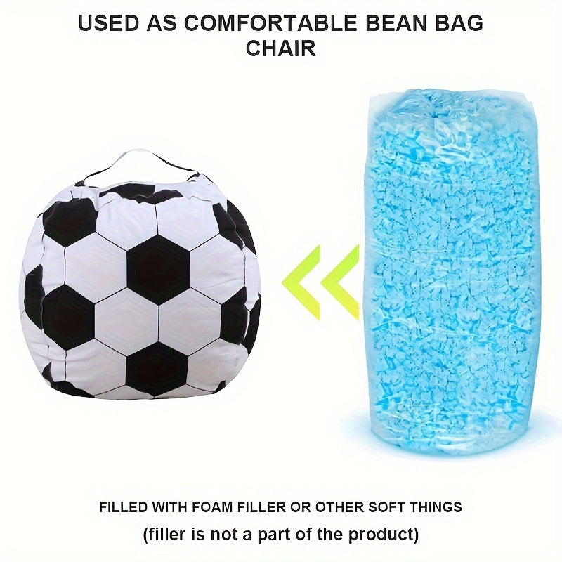 Large soccer ball bean bag chair cover with stuffed sloth plush toy included. Made of polyester material, foldable and hand washable. Can be used as a multipurpose room decor for teen boys. No electricity or batteries required.