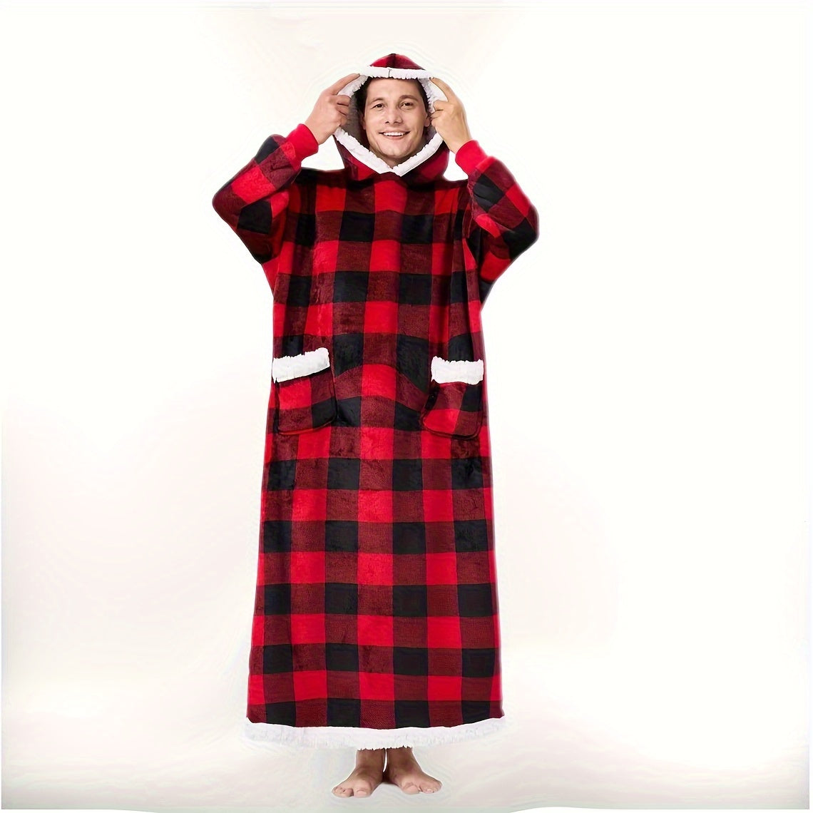 Cozy up in style with this vintage-inspired oversized plaid flannel couple's blanket hoodie. Made with polyester that is machine washable and stain resistant, this wearable blanket features a unique digital print of an octopus animal theme. Perfect for