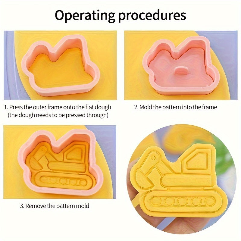 Set of 8 Construction Vehicles Cookie Cutters with Engineering Cookie Embosser, Pastry Cutter Set, Biscuit Molds, Baking Tools, and Kitchen Accessories.