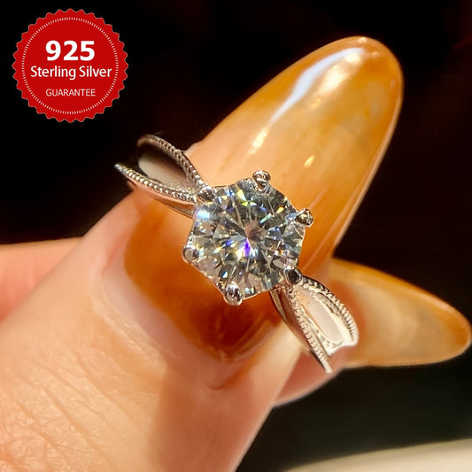 Stunning Luxury Moissanite Engagement Ring in 925 Sterling Silver, Featuring Single Stone in 6-Prong-Setting. Perfect Anniversary and Valentine's Day Gift, Exquisite Bridal Jewelry for Women